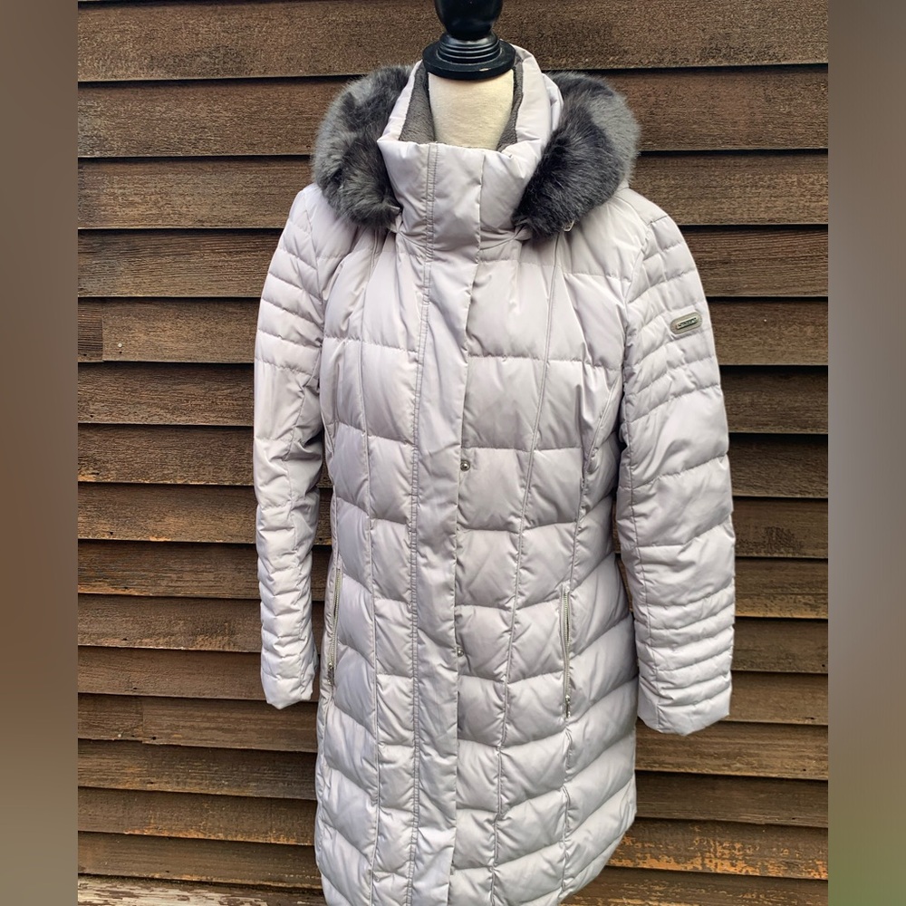 Calvin Klein grey long warm coat with faux fur